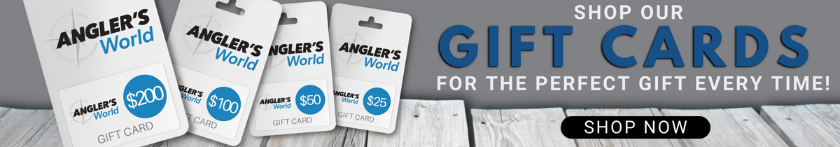 Anglers World gift cards shown in values of $200, $100, $50, and $25 on a wooden deck top.