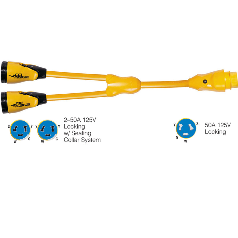 Marinco Y504-2-504 EEL (2)50A-125/250V Female to (1)50A-125/250V Male "Y" Adapter - Yellow [Y504-2-504]-Angler's World