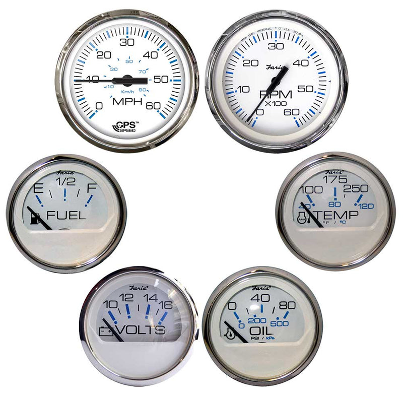 Faria Chesapeake White w/Stainless Steel Bezel Boxed Set of 6 - Speed, Tach, Fuel Level, Voltmeter, Water Temperature Oil PSI - Inboard Motors [KTF063]-Angler's World