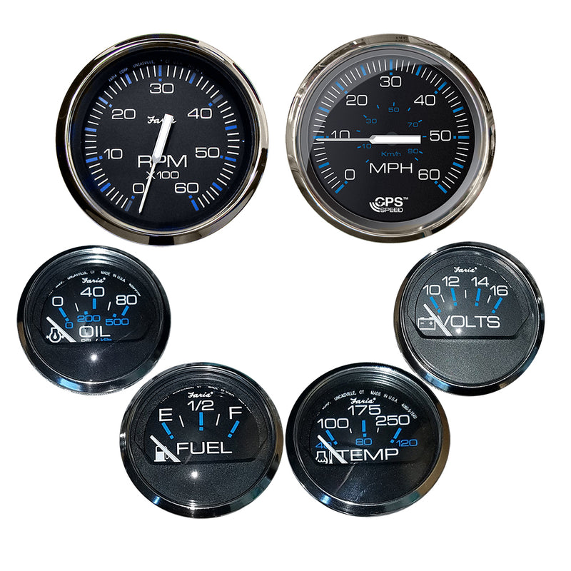 Faria Chesapeake Black w/Stainless Steel Bezel Boxed Set of 6 - Speed, Tach, Fuel Level, Voltmeter, Water Temperature Oil PSI - Inboard Motors [KTF064]-Angler's World