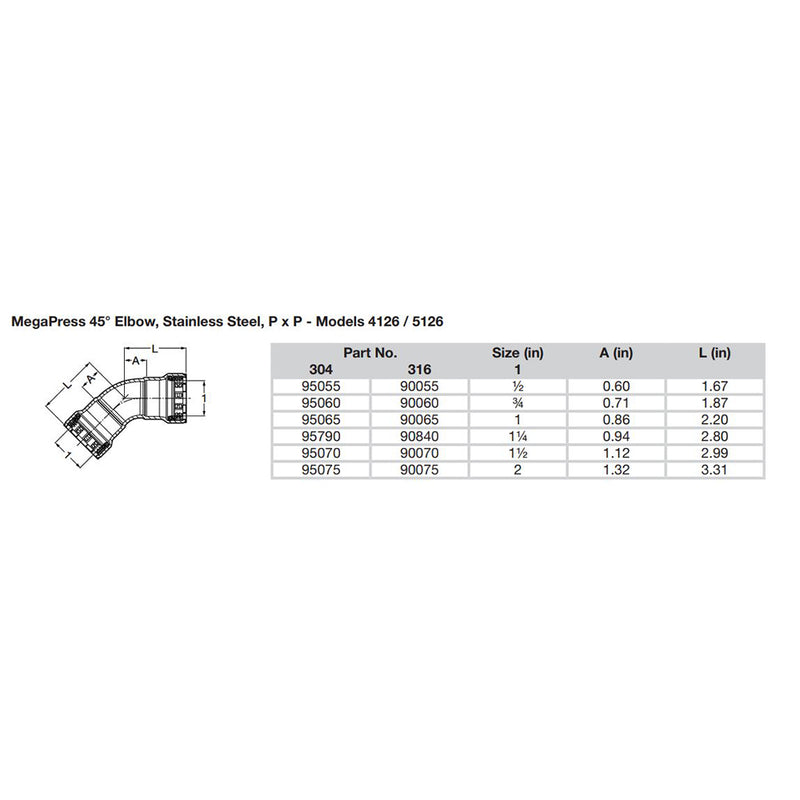 Viega MegaPress 1/2" 45 Stainless Steel 304 Elbow - Double Press Connection - Smart Connect Technology [95055]-Angler's World