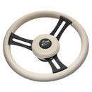 Schmitt Marine Torcello Elite 14" Wheel - Beige Leather Cap - White Stitching - Black SS Spokes - 3/4" Tapered Shaft [PU081B11]-Angler's World