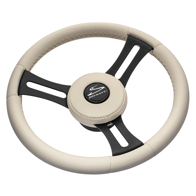 Schmitt Marine Torcello Elite 14" Wheel - Beige Leather Cap - White Stitching - Black SS Spokes - 3/4" Tapered Shaft [PU081B11]-Angler's World